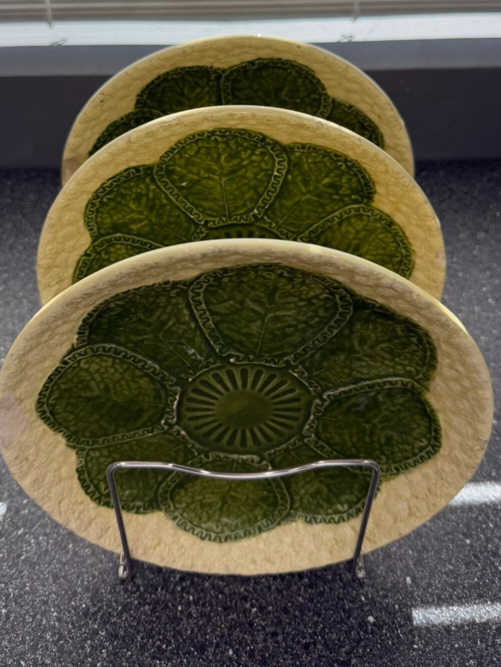 Vintage Majolica Style Green Leaf Plates Set of 3 Cottage Decor Chipped